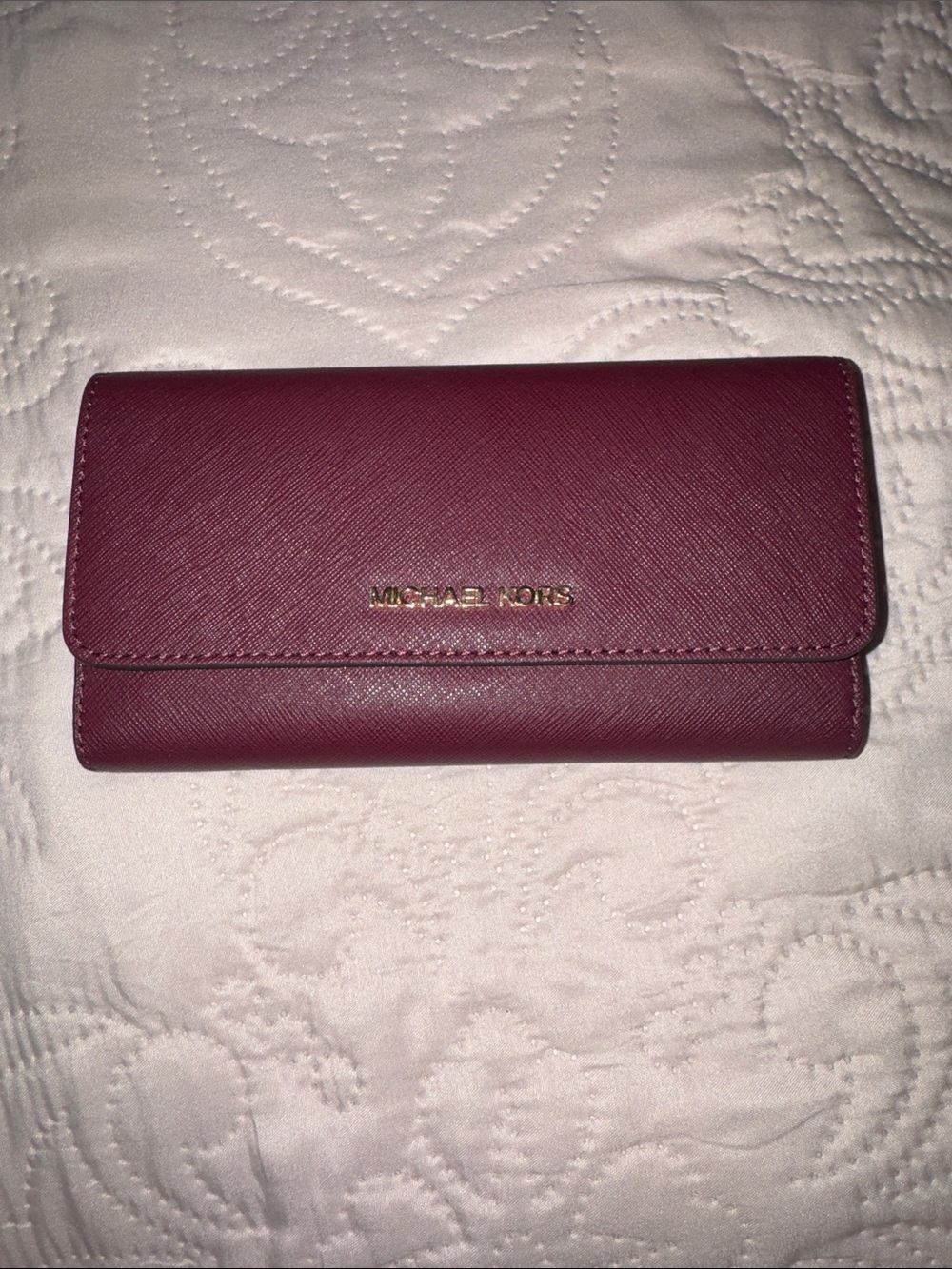 Michael Kors Saffiano Trifold Wallet in Burgundy with Gold Hardware